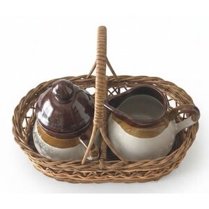 Rosenthal Netter Vintage Stoneware Cream and Sugar Set with Wicker Basket Brown
